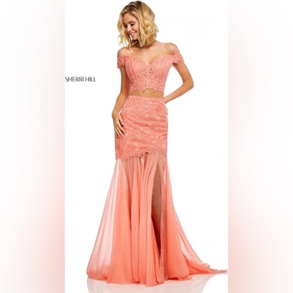 NWT SHERRI HILL 52719‎ Dress Prom Dresses CORAL Lace Crop Top Skirt Size 2